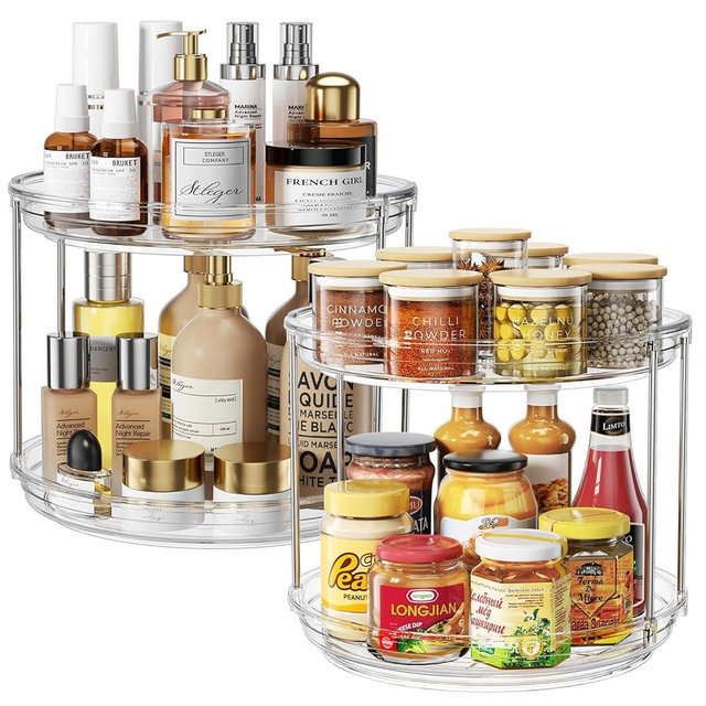 LazySpin 2 Pack 2 Tier Lazy Susan Organizer, 9.25'' Lazy Susan Turntable for Cabinet, Stackable Turntable Organizer Rotating Spice Rack Organization for Kitchen Countertop, Pantry, Bathroom, Clear