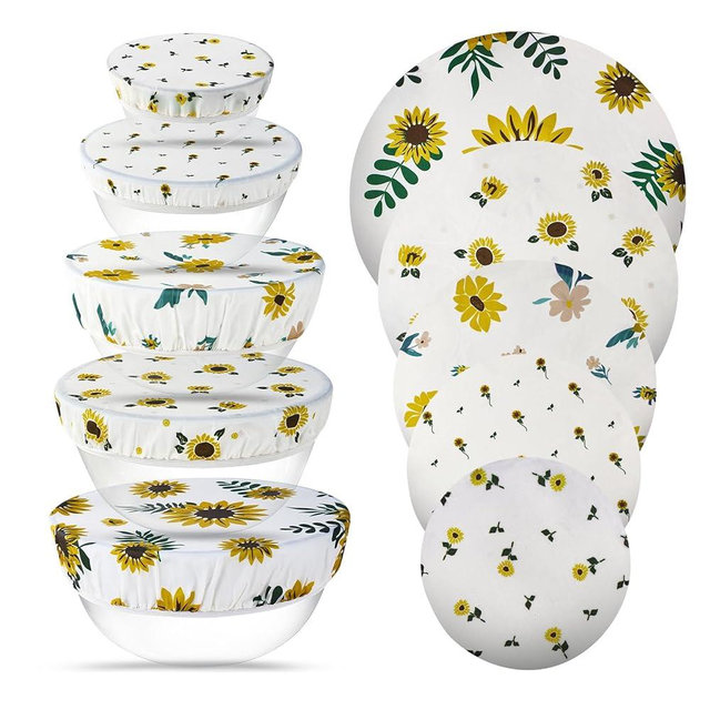 Tirphy 5-Size Reusable Bowl Covers for Bread Proofing - Beeswax Bowl Covers Reusable 4/6/8/10/12 Inch - Elastic Cotton Cloth Sourdough Cover - Shower Caps for Sourdough Bread (Flower style)