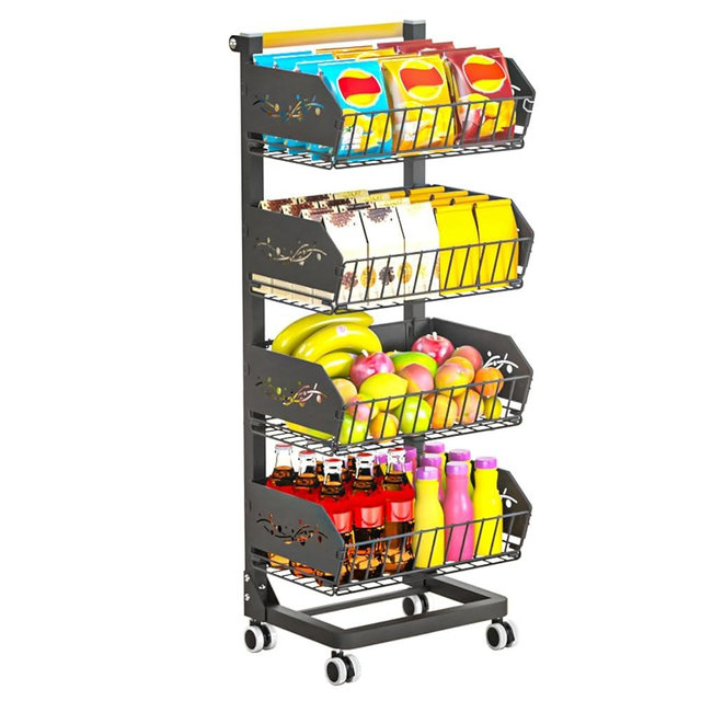 Heavy 4-Tier Snack Cart with Wheels ，Removable Rolling Pantry Floor Organizers ，Upgraded Wider and Thicker, Kitchen Fruit Basket Stand and Storage Rack for Fruit Snack Onion Potato, (Wooden Handle)