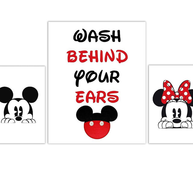 Wash Behind Your Ears 3 Piece Set - Mickey Minnie Bathroom Wall Decor Kids