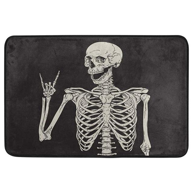 Halloween Doormat Home Decor Non Slip Washable Rock and Roll Skeleton Skull Boho Hippie Indoor Outdoor Entrance Bathroom Door Floor Mats Halloween Party Decorations Supplies,23.6 x 15.7 inch