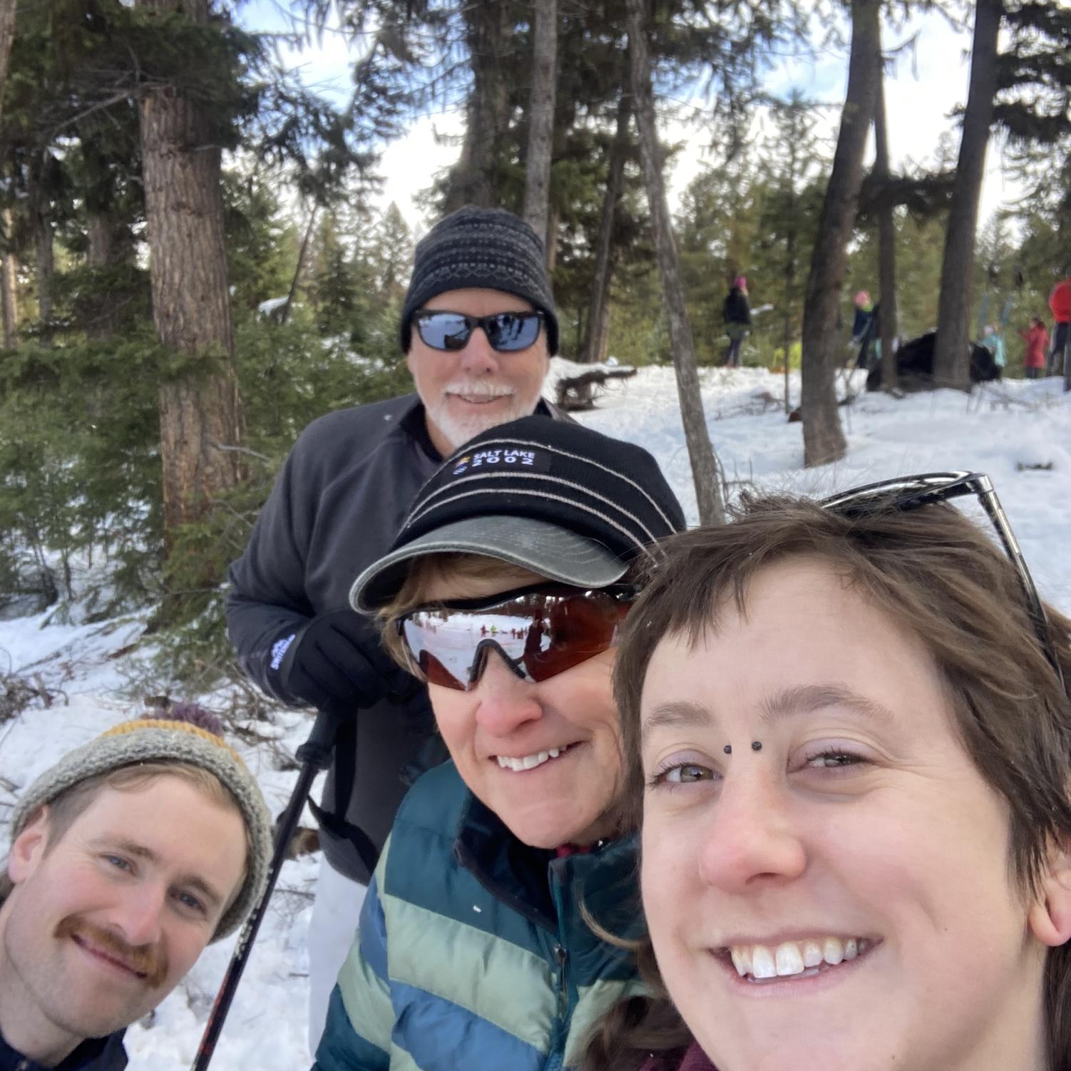 Kayte, Conrad, Stan, and Cheryl skiing in Montana 2023