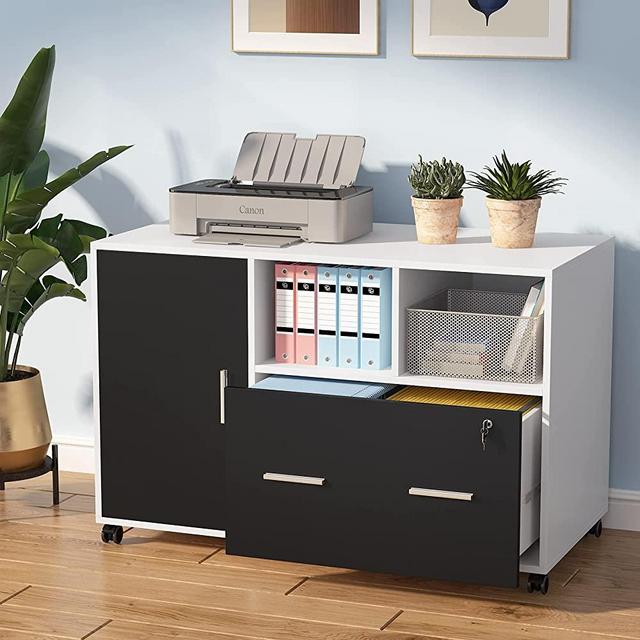File Cabinet with Lock and Drawer, Mobile Lateral Filing Cabinet with Storage Shelves, Mobile Printer Stand with Rolling Wheels for Home Office (Black&White)