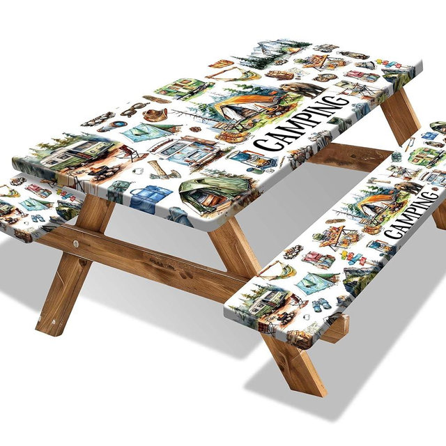 Picnic Table Cover with Bench Covers 6FT Camping Essentials Fitted Picnic Table Cloths Camping Table Cover Outdoor Elastic Picnic Tablecloth (3pcs-72")