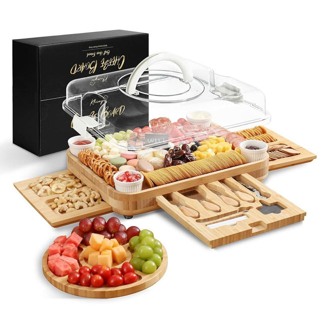 KHINYA Charcuterie Boards - Cheese Board Set, Charcuterie Board with Lid, Gifts for Women, Cheese Plate for Housewarming, Convenient Lid Design with Handle (3 Drawers Cream)