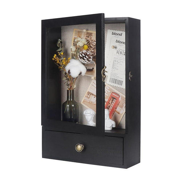 Butizone Shadow Box Frame, 3.2” Deep Shadow Box Display Case with Real Glass and Drawer, Rustic Wood Memory Boxes for Pictures, Flowers, Memorial, Medals, Wedding Bouquet for Wall or Tabletop, Black