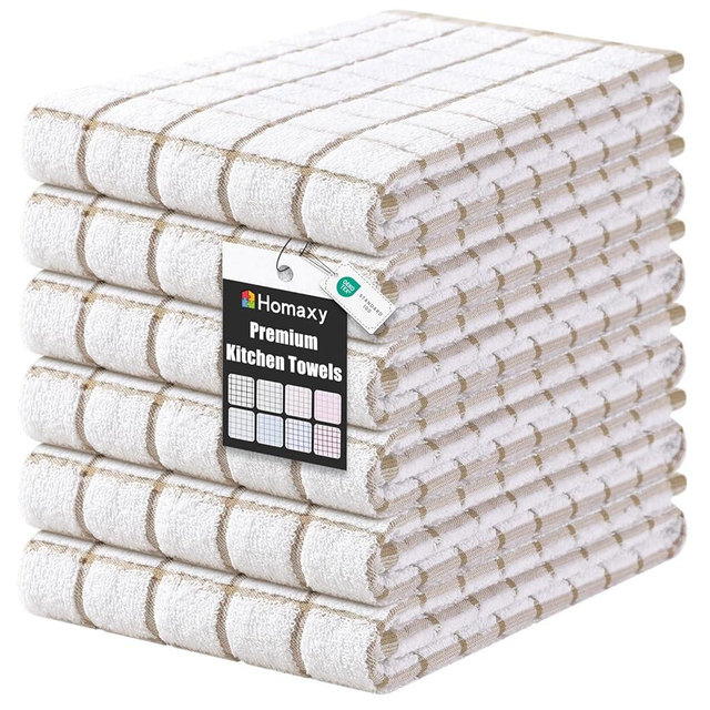 Homaxy Premium Kitchen Towels(16”x 28”, 6 Pack), Large Ring Spun Cotton Dish Towels, Super Absorbent Soft Terry Kitchen Hand Towels, Check Design Tea Towel Set with Hanging Loop, Tan