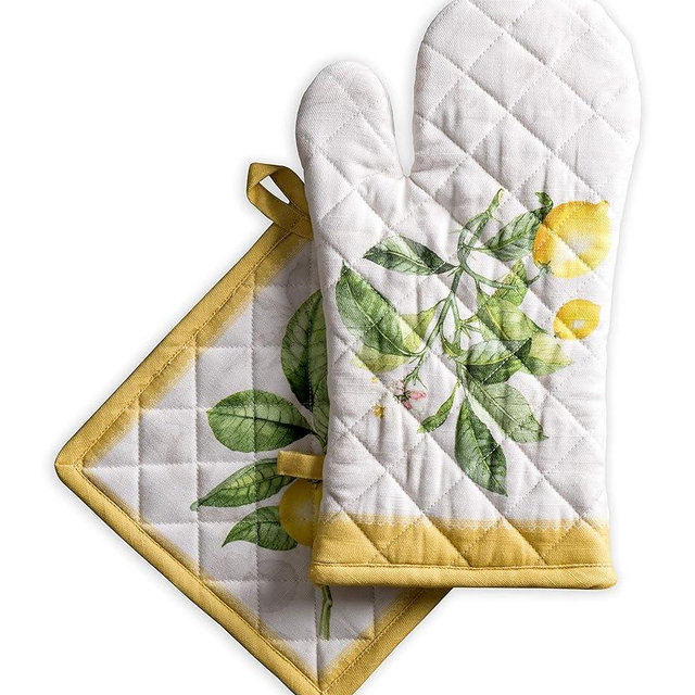 Maison d' Hermine Oven Mitt + Pot Holder 100% Cotton Heat Resistant Kitchen Oven Gloves (7.5"x13") & Hot Pads (8"x8") for Gifts, Chef, Women & Men Microwave, Limoncello - Spring/Summer