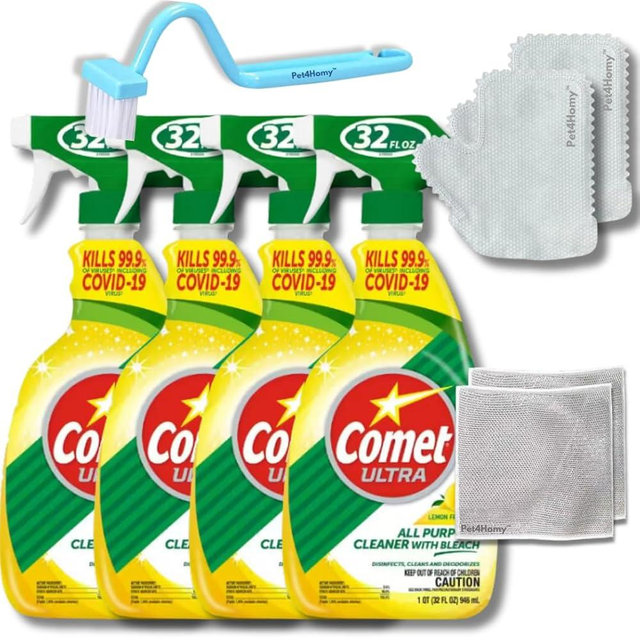 Pet4Homy Comet Ultra All-Purpose Cleaner with Bleach and Disinfectant Spray, Lemon Fresh 32oz (4-Pack) Bundle Cleaning Gloves, Brush, and Multipurpose Miracle Cleaning Cloths (4 Items)