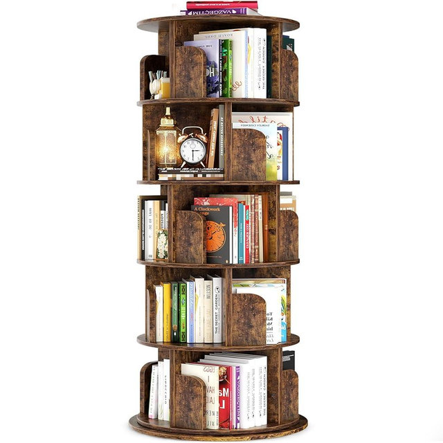 Besiost Rotating Bookshelf Tower, 5 Tier Spinning Bookcase, Revolving 360 Book Shelf Narrow Tall Bookcase, Vertical Turning Round Bookshelf Organizer, Corner Book Shelf for Small Space, Rustic Brown