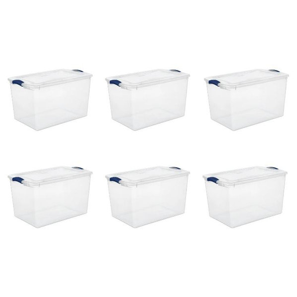 Sterilite Large Latching Storage Bin, 66 Quart Clear Plastic Storage Container with Clear Lid, Blue Latch, 6 Pack