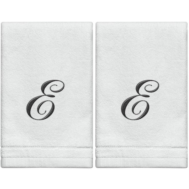 Monogrammed Towels Fingertip, Personalized Gift, 11 x 18 Inches - Set of 2- Black Embroidered Towel - Extra Absorbent 100% Cotton- Soft Velour Finish - For Bathroom/ Kitchen/ Spa- Initial E (White)