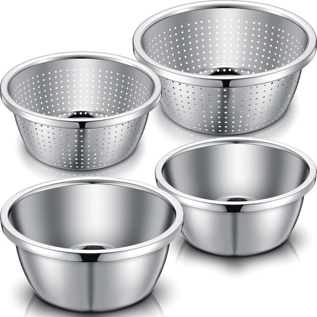 Tioncy 4 Pcs 304 Stainless Steel Microporous Colander with Mixing Bowl 2 QT & 4 QT Rice Strainer Fruit and Vegetables Washer Strainer Bowl for Draining Cooked Pasta, 2 Sizes