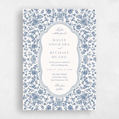 Dark Cobalt, Beige Wedding Invitation - Justine Portrait