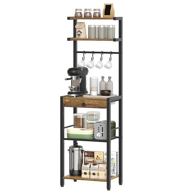 YATINEY Bakers Rack, 5-Tier Coffee Bar Station, Coffee Stand with Pod Drawer Holder, Versatile Kitchen Storage Rack with 4 Hooks, for Living Room, Cafe Corner, Rustic Brown and Black KF01BRY1