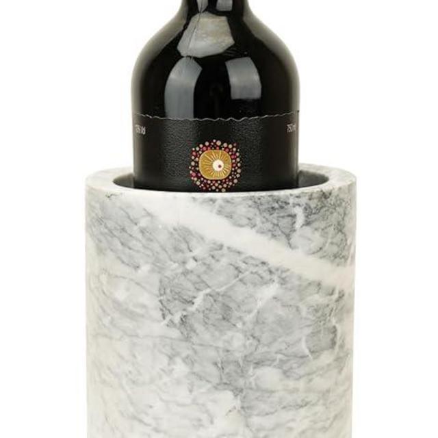 Spiretro White Marble Wine Cooler with Acacia Wood Base – 5-Inch Diameter, 7-Inch Height – Elegant Natural Marble Chiller with Velvet Bottom, Soft Padded Wood Base to Protect Tables