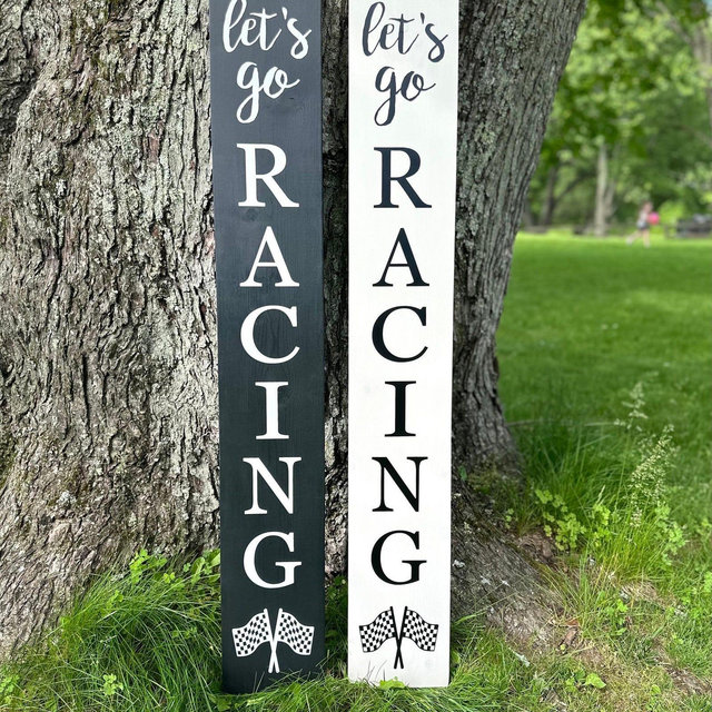 Four Foot Checkered Flag Let’s Go Racing Porch Sign | Motorsports Decor | Gift for Race Fan