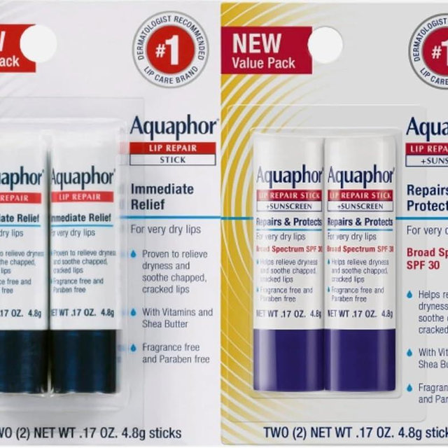 Aquaphor Lip Repair Lip Balm Set, Lip Repair Stick, 0.17 Oz (Pack of 2) + Lip Repair and Protect Stick, Lip Balm with Sunscreen SPF 30, 0.17 Oz (Pack of 2), Holiday Gifts for Self Care