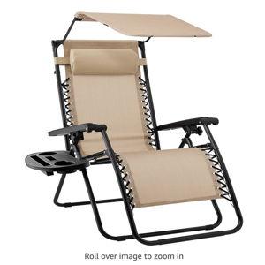 Folding Zero Gravity Outdoor Recliner Patio Lounge Chair w/Adjustable Canopy Shade, Headrest, Side Accessory Tray, Textilene Mesh - Beige