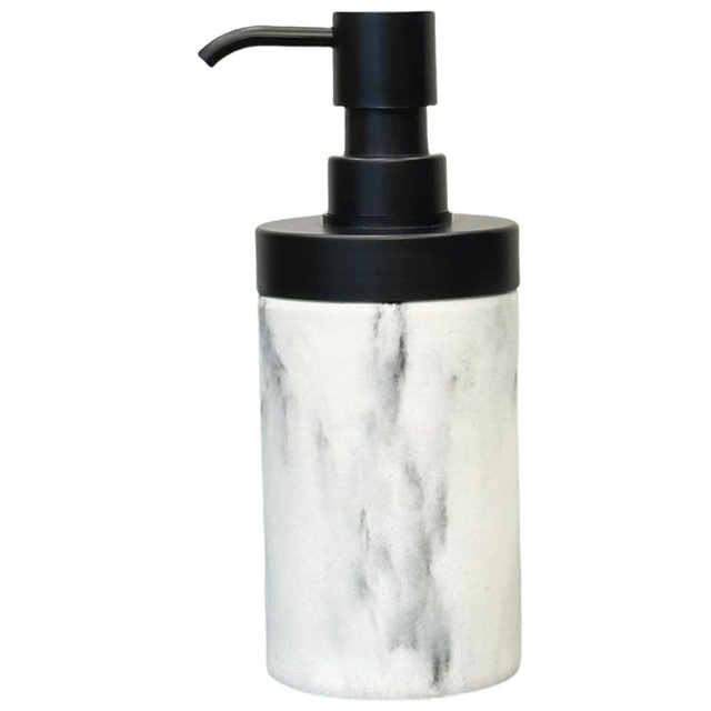 Suanti Soap Dispenser White Marble Style, Easily Refillable Liquid Hand Soap or Lotion Dispenser for Bathroom or Kitchen Decor, Sturdy Resin, Round Dish Soap Bottle with Matte Black Pump-11oz