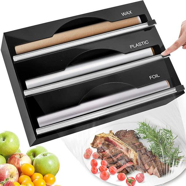 Foil and Plastic Wrap Organizer, 4 in 1 Plastic Wrap Dispenser with Cutter, Acrylic Drawer Organizer for Wax Paper Parchment 12" Roll, Aluminum Foil Dispenser Wall Mounted for Kitchen Organize Storage