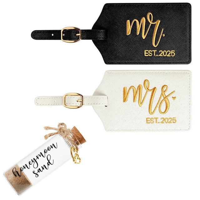 Mr. & Mrs. Luggage Tags & Honeymoon Beach Sand Keepsake Set, Wedding, Bridal Shower, Engagement Gifts for Couples (Black/White Gold Mr Mrs est 2025)