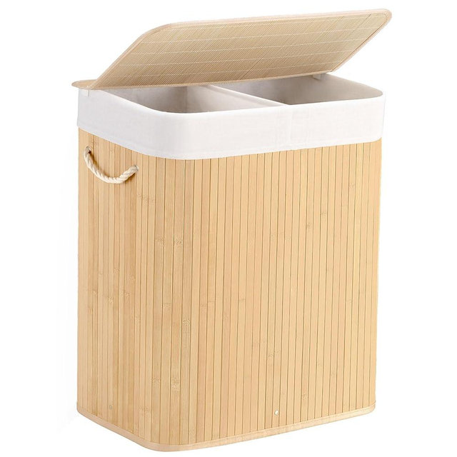 Aliphon 100L Laundry Hamper with lid, 2-Section Clothes Laundry Basket with Handles, Large Collapsible Bamboo Baskets for Bedroom, Bathroom, Dorm, Natural Beige