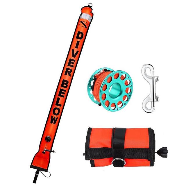 Scuba Surface Marker Buoy (SMB) Set, 5ft Hi-Visibility Reflective Band Open Bottom Safety Sausage with 100ft Alloy Finger Spool Dive Reel and Double-Ended Snap Hook Fits Underwater