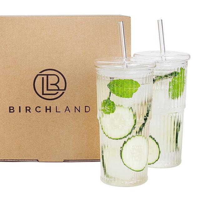 All Glass Iced Coffee Cup with Lid and Straw, Ribbed Glass Tumbler Set of 2 (18 oz)
