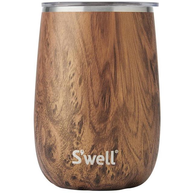 S'well Stainless Steel Wine Tumbler, 14oz, Teakwood, Triple Layered Vacuum Insulated Container Keeps Drinks Colder for Longer, Splash Proof Slide Open Lid, BPA Free Barware
