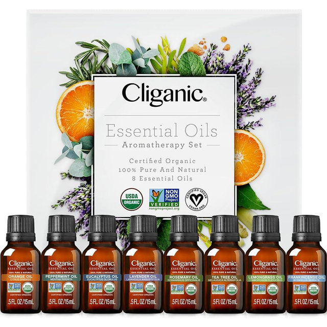 Cliganic Organic Aromatherapy Essential Oils Gift Set (Top 8), 100% Pure - Peppermint, Lavender, Eucalyptus, Tea Tree, Lemongrass, Rosemary, Frankincense & Orange