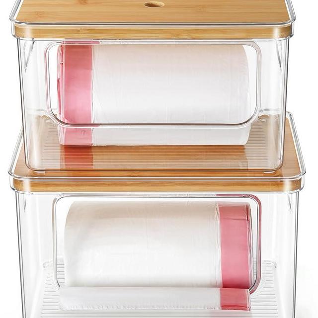 Hudgan Trash Bag Dispenser 2 Pack, Acrylic Garbage Bag Holder with Bamboo Top, Extra Large Trash Bags Holder Dispenser for Pantry Organizer and Under Sink