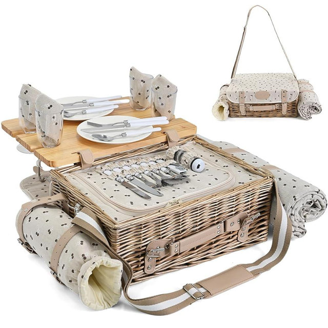 Multifunctional Wicker Picnic Basket Set for 4 with Blanket and Picnic Table, Insulated Picnic Set with Full Tablewares for Camping Outdoor Couples,Cherry