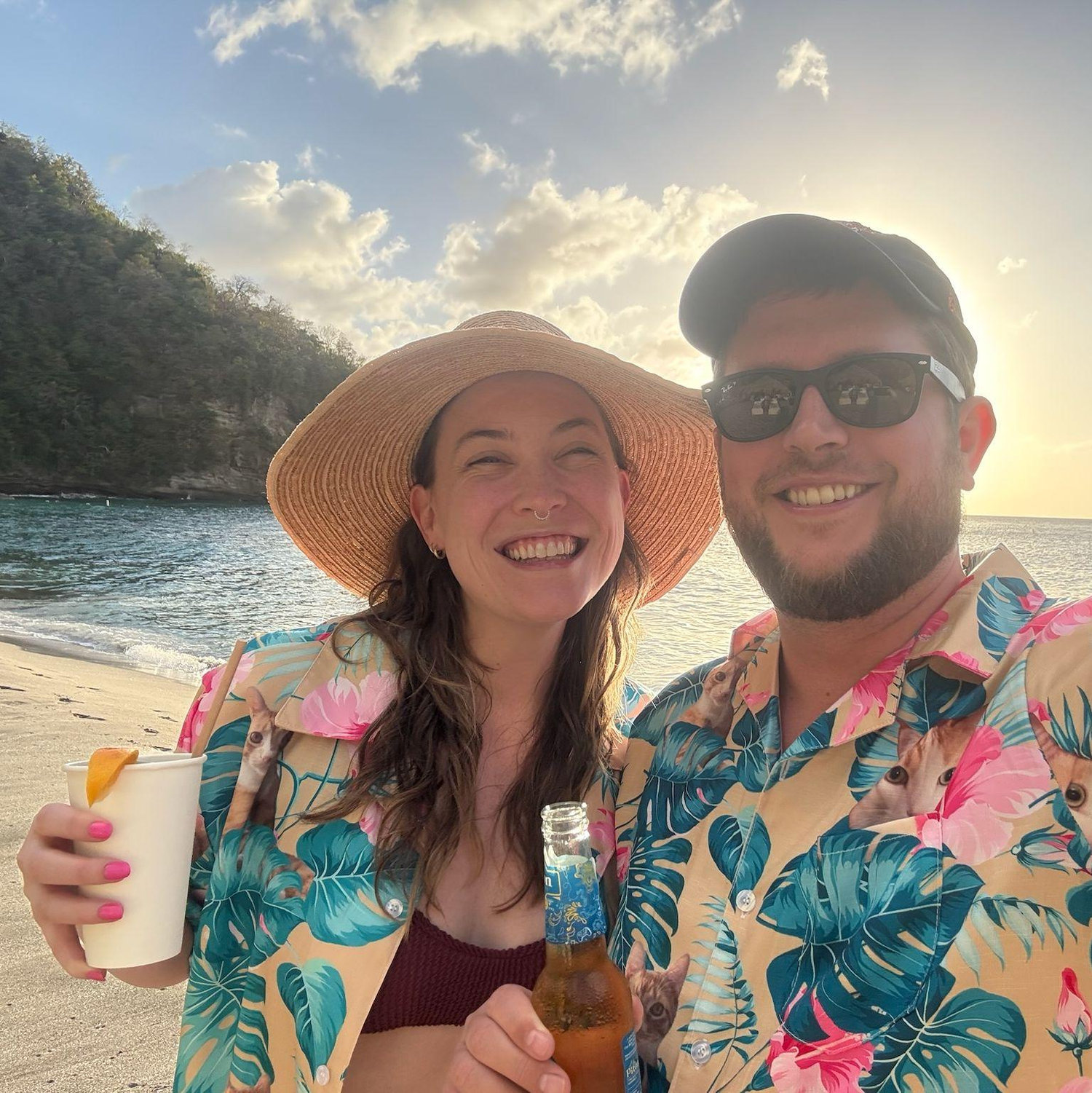 Celebrating our engagement in St. Lucia, repping Frank and his cousin Snug thanks to Kjersti's dad Ron and stepmom LeeAnna's most excellent matching gifts.