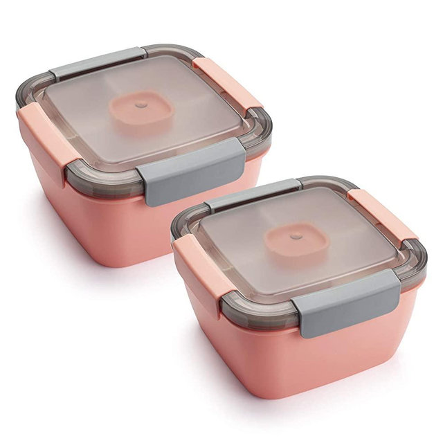 Freshmage Salad Lunch Container To Go, 52-oz Salad Bowls with 3 Compartments, Salad Dressings Container for Salad Toppings, Snacks, Men, Women (Pink+Pink)