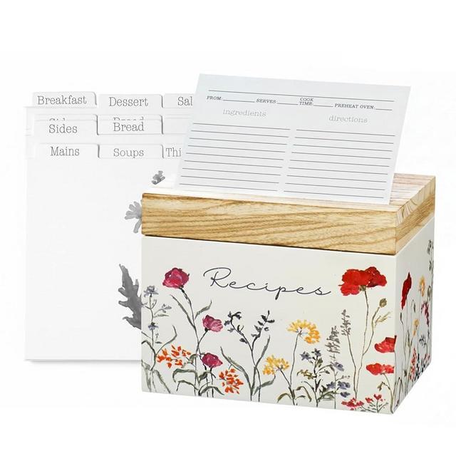 SENSORY4U Wooden Recipe Box with Cards & Dividers – Wildflower Floral Design – Includes 100 4x6 Recipe Cards, 12 Dividers & Built-In Recipe Holder Slot – Rustic Farmhouse Kitchen Organizer