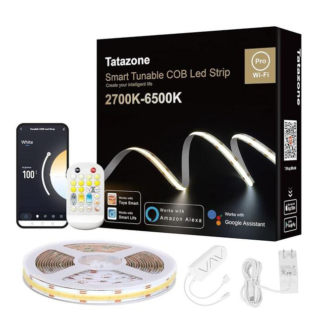 Tatazone 16.4ft Tunable White Smart COB Led Strip Light Kit, CCT 2700K-6500K Bright COB Led Tape Light Work with Alexa and Google, Dimmable Indoor COB Led Ribbon for Kitchen Cabinet, Room, TV