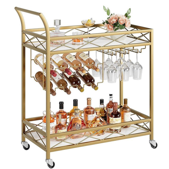 GAOMON Gold Bar Carts with 2-Tiers Storage Shelves，Mobile Kitchen Seving Carts on Wheels with Wine Rack and Glass Holder for Kitchen, Living Room, Dining Room
