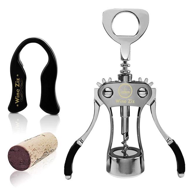 Wine Ziz Large Silver Wing Corkscrew Bottle Opener with Bonus Foil Cutter | Sturdy Metal Cork Screw | Built-In Beer Cap Opener Accessories | Best Housewarming Kitchen Gift for Women and Men