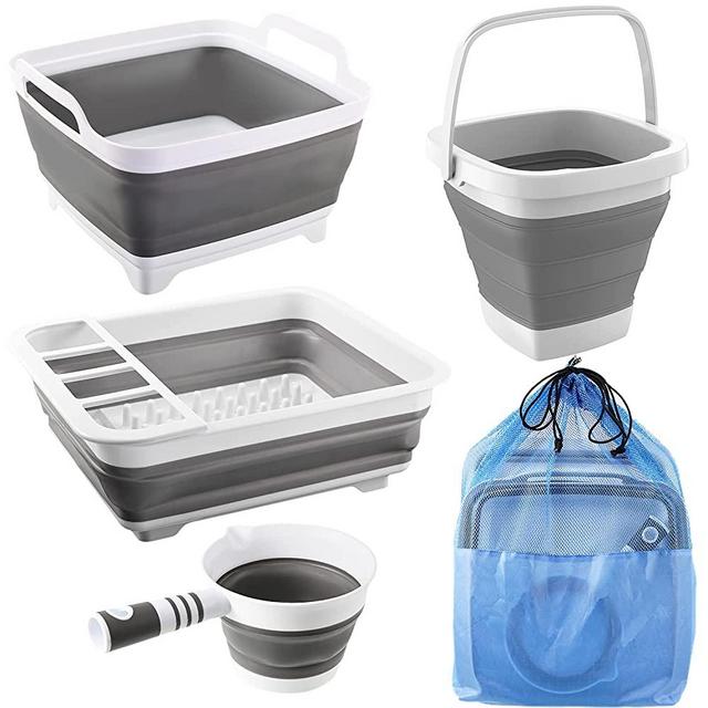 Mxnelar 4 Pcs Collapsible Washing Set, Collapsible Dish Drying Rack, 10L Collapsible Bucket Camping, 9L Collapsible Dish Tub & Folding Water Ladle, Multifunctional Washing Needs for Camping and RV