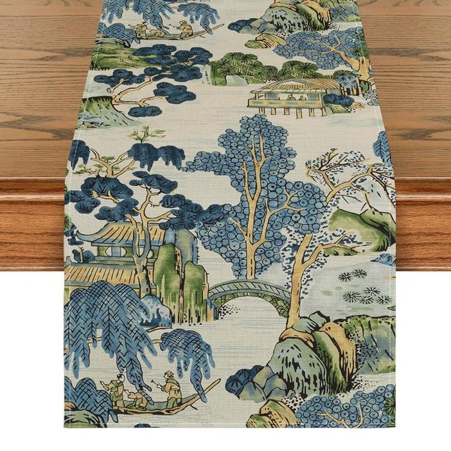 Artoid Mode Chinoiserie Vintage Style Mountain Fall Table Runner, Seasonal House Trees Kitchen Dining Table Decoration for Home Party Decor 13x90 Inch