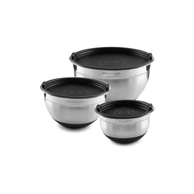 Bellemain 3-Piece Stainless Steel Mixing Bowls Set with Non-Slip Lids – Silver/Black Finish