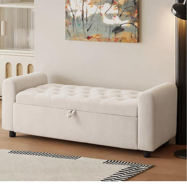 48" Ottoman with Storage, Tufted Storage Ottoman Bench, Convenient Living Room Fabrics Bench Seat, Entryway Shoe Benches with Inner Zipper & Arm, Rivetless Upholstered Window Seat Ottomans, Beige