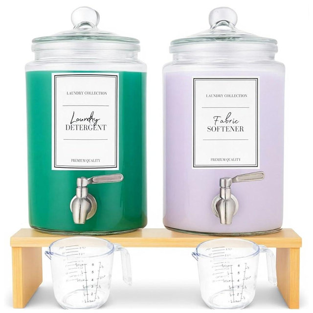 Large 1 Gallon Laundry Liquid Detergent Dispenser with Spigots and Measuring Cups, 4L Laundry Soap Holder Organizer for Fabric Softener, Soap, Glass Containers