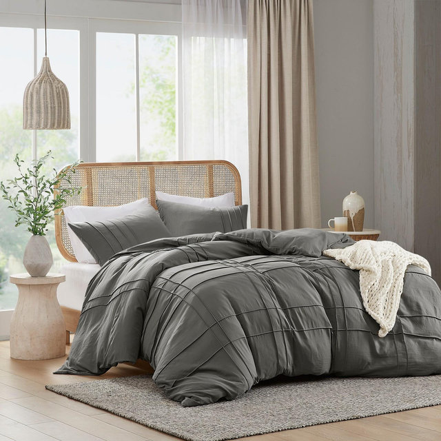 3Pcs Pinch Pleat Duvet Cover Set Soft & Breatheable Duvet Cover for All Seasons, Lightweight Solid Duvet Set, Grey, Queen