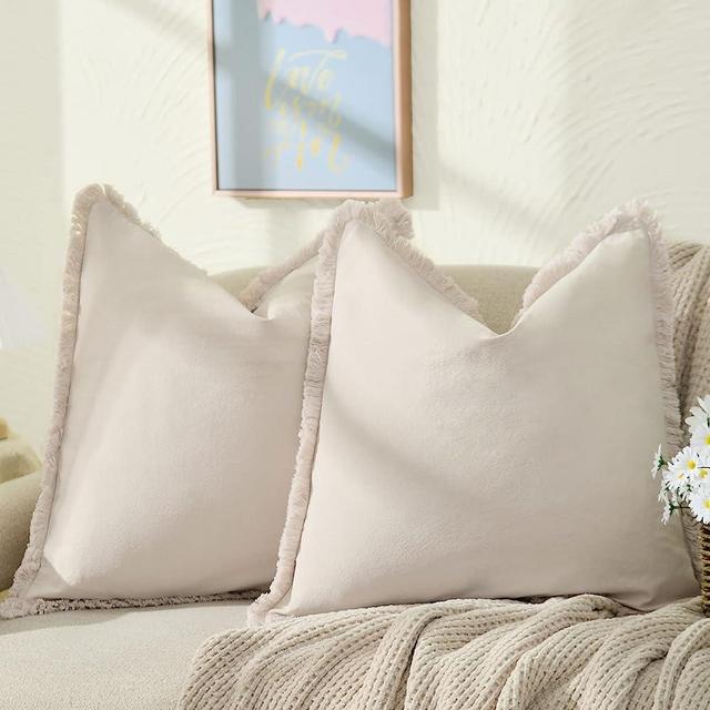 ZWJD Farmhouse Pillow Covers 65x65 Set of 2 White Throw Pillow Covers with Fringe Chic Cotton Decorative Pillows Square Cushion Covers for Sofa Couch Bed Living Room Boho Decor