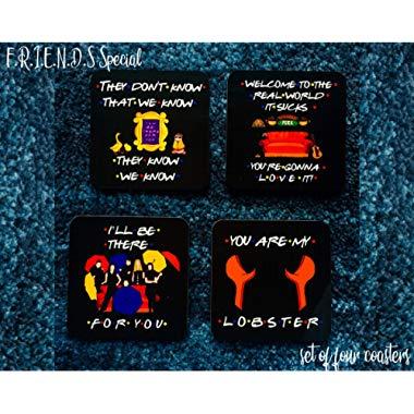 Friends TV Show COASTERS Gift set - Set of 4 Coasters - Friends TV Show Gift, Central Perk, Glossy Print, Cork Back, Easy To Clean, Sturdy, 4 inches by 4 inches, Cork Coasters set