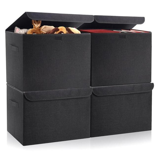 Bagnizer Large 22 Quart Linen Fabric Foldable Storage Bin Cube Organizer Basket with Flip-Top Lid & Handles, Clothes Blanket Box for Home, Office, Closet, Black, 4 Pack 14.6 x 9.5 x 9.5”