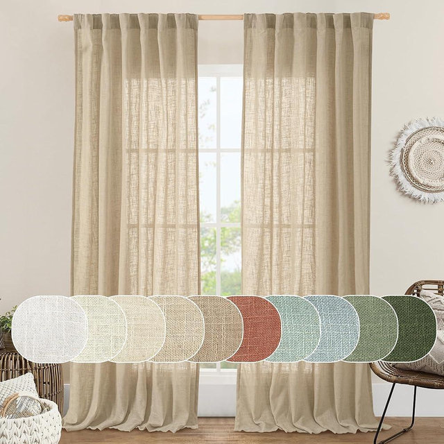 LAMIT Living Room Linen Curtains 90 Inch for Bedroom, Back Tab and Rod Pocket Linen Textured Sheer Curtains Light Filtering Burlap Curtains for Farmhouse, 2 Panels, 52 x 90 Inch, Brown