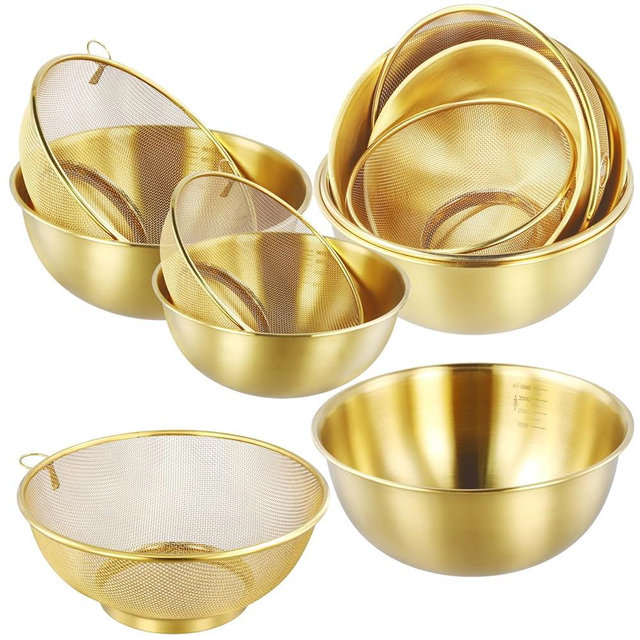 MAHIONG 6PCS Stainless Steel Colander Set, 1.2Qt 2Qt and 3Qt Capacity Gold Stainless Steel Strainers with Metal Mixing Bowls for Pasta Straining,Fruit Washing,Vegetable Draining